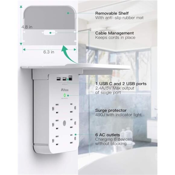 Wall Outlet Extender with Surge Protector, 6 AC Outlets, Shelf, 2 USB - Picture 3 of 8